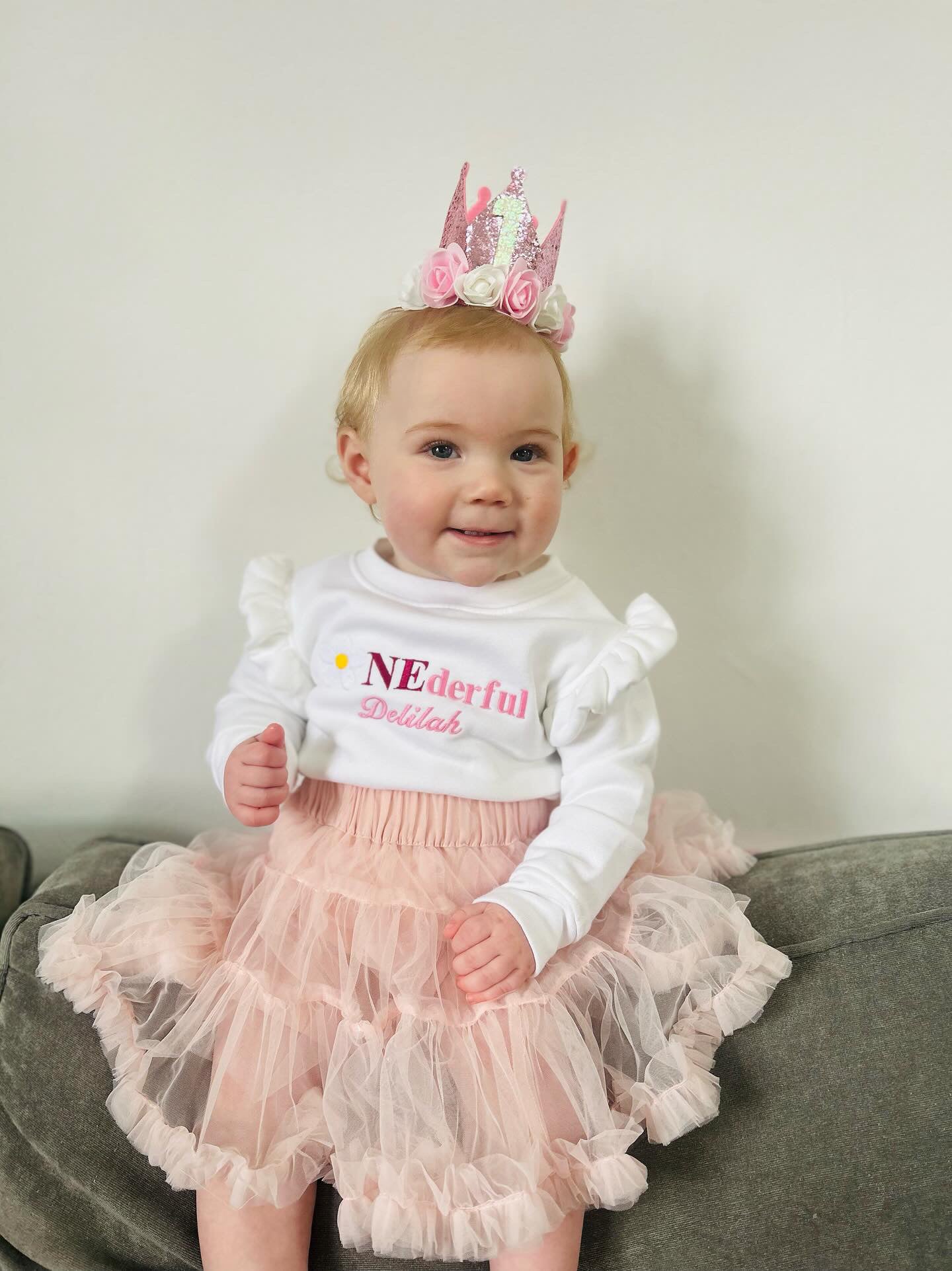 Kids embroidered personalised onederful birthday sweater with a daisy design