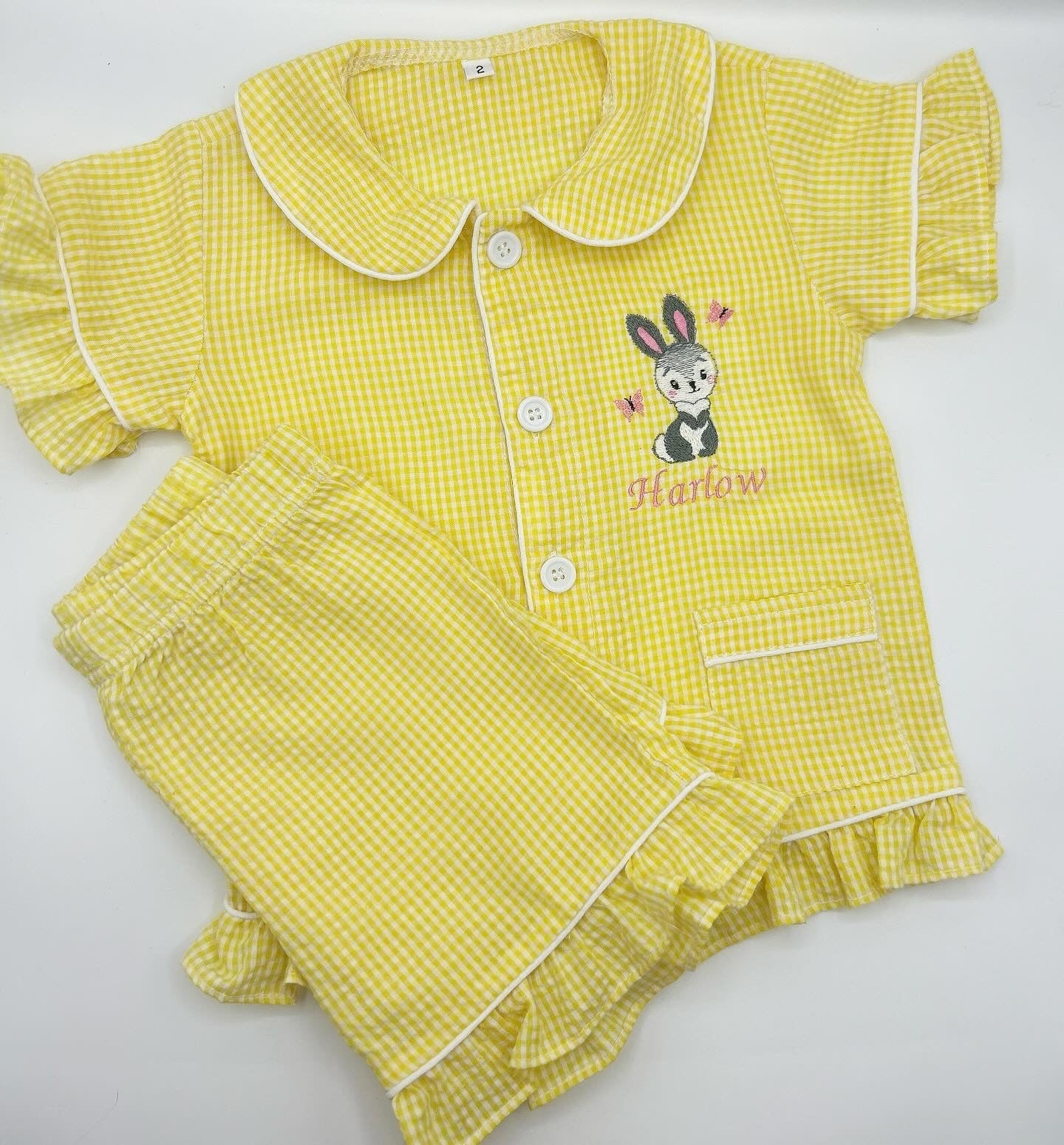 Bunny personalised embroidered kids lemon shorts and button down tshirt