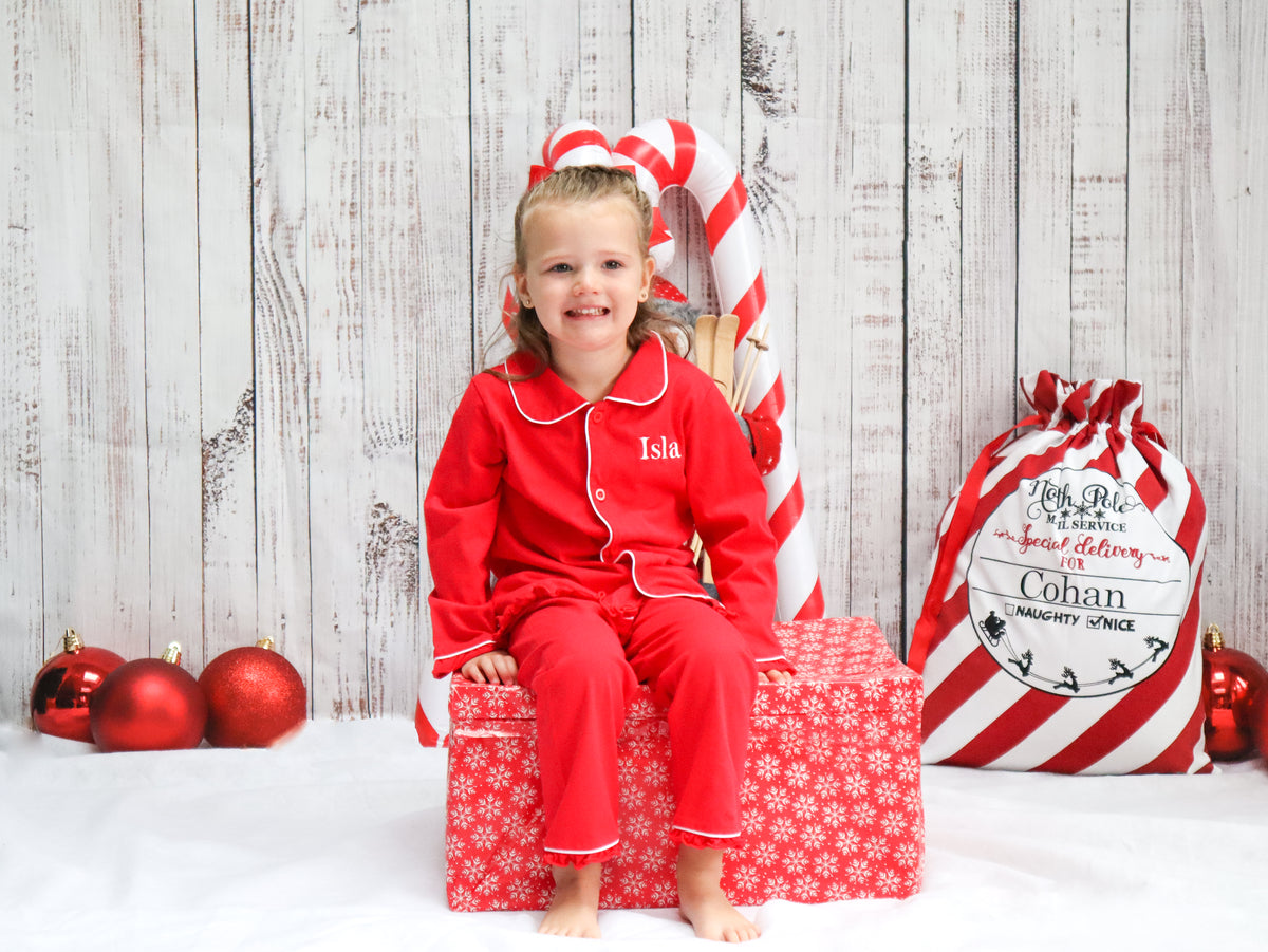 Red and white button down kids personalised embroidered pjs
