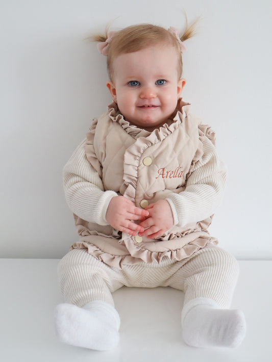 Girls beige frill personalised embroidered gilet