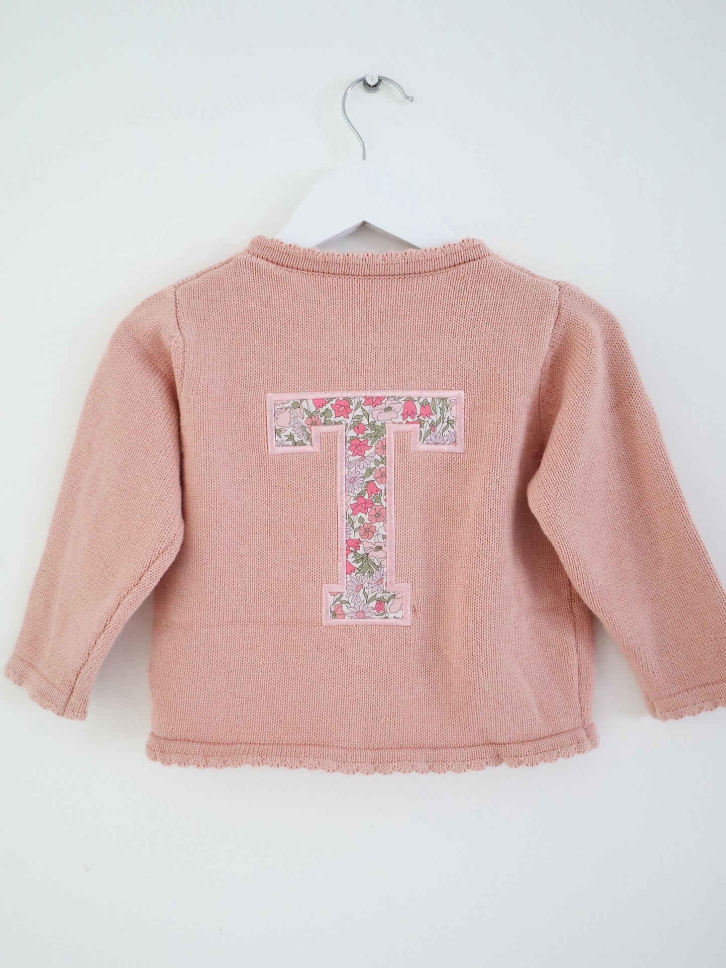 applique initial kids knit cardigan using Liberty of london floral fabric