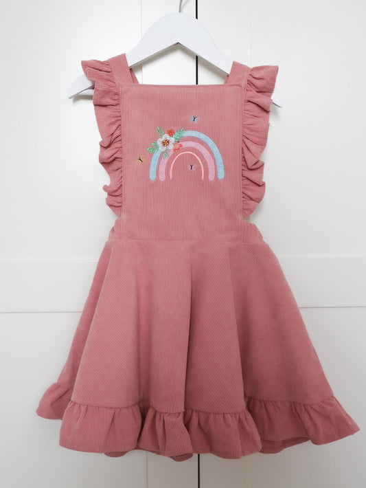 Boho rainbow themed embroidered ribbed bow dress for girls