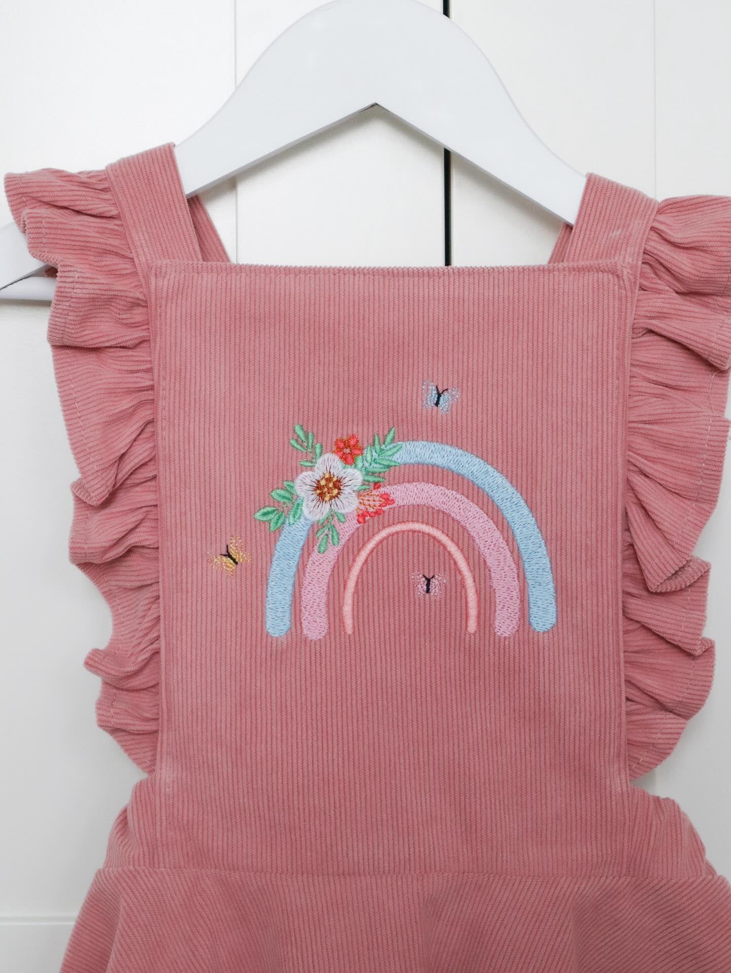 Boho rainbow themed embroidered ribbed bow dress for girls