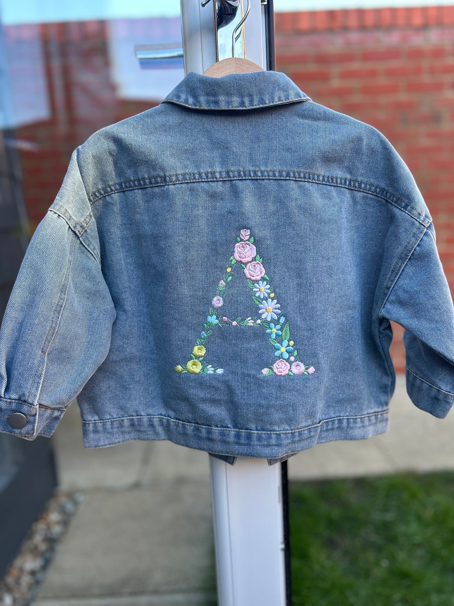 Kids floral initial personalised denim jacket