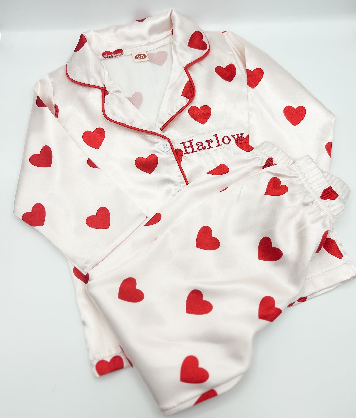 Personalised Love heart white satin kids pjs