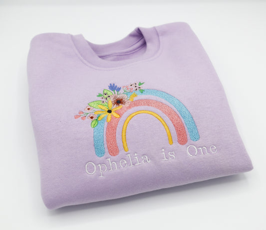 Rainbow kids birthday embroidered personalised kids sweater