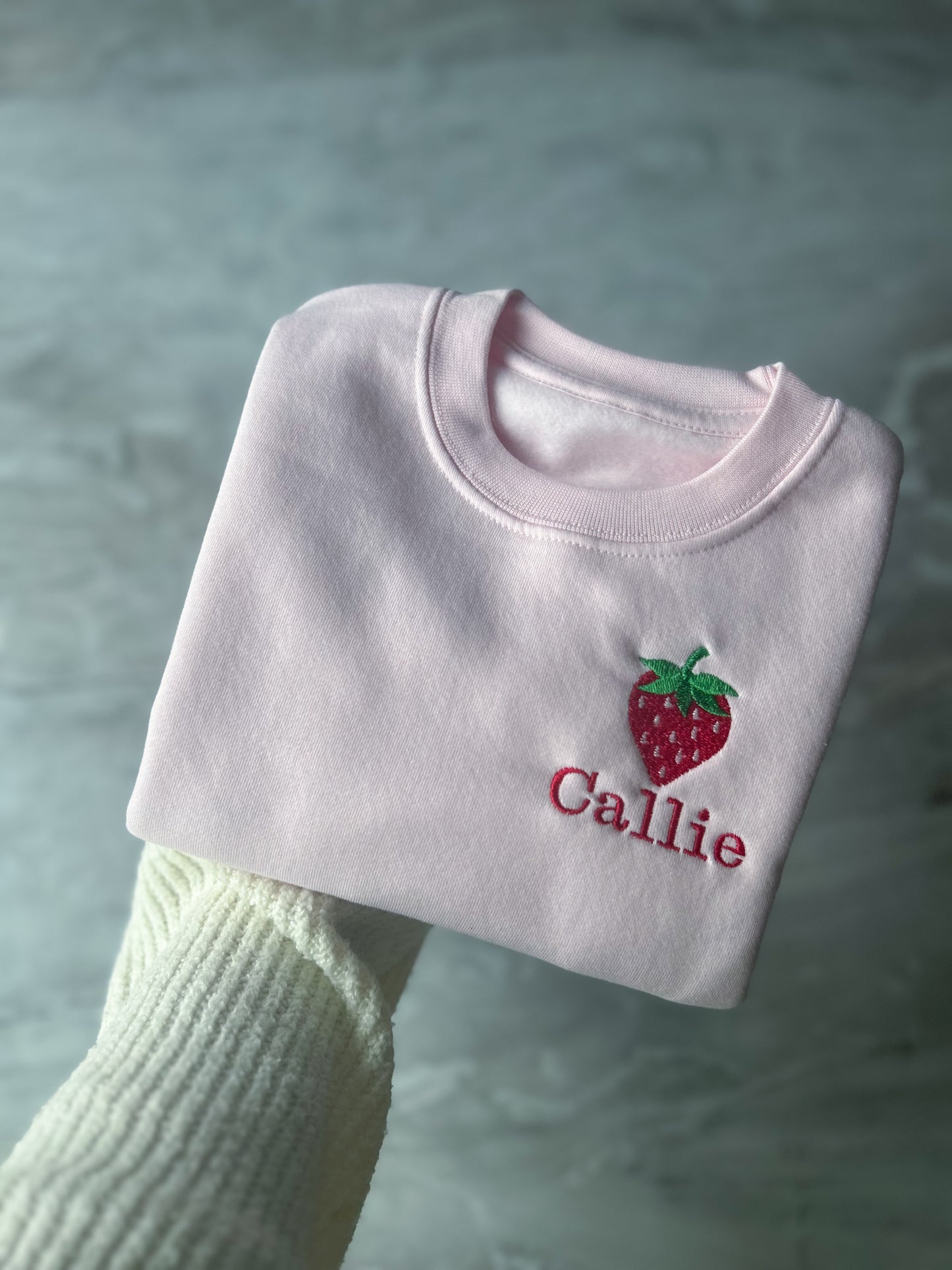 Strawberry embroidered personalised kids sweater
