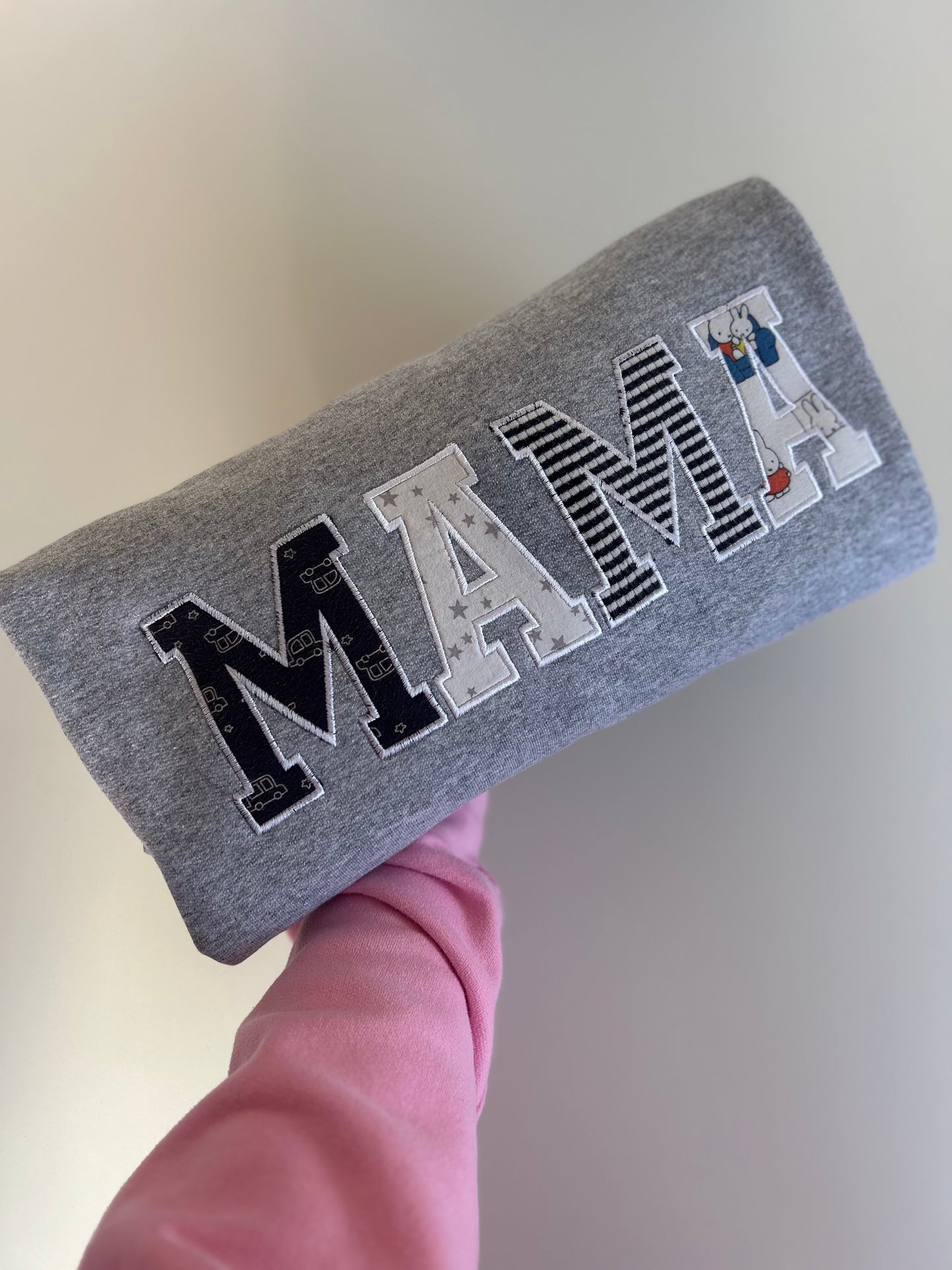 Mama grey sweater made from babies clothing