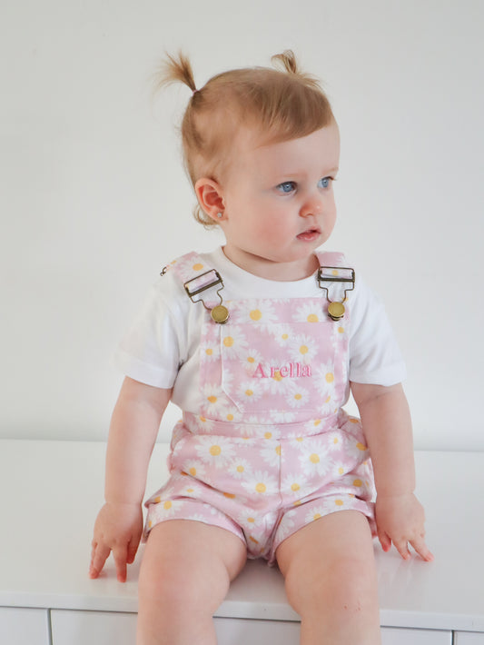 Summer Daisy design kids dungarees, Personalised with embroidery
