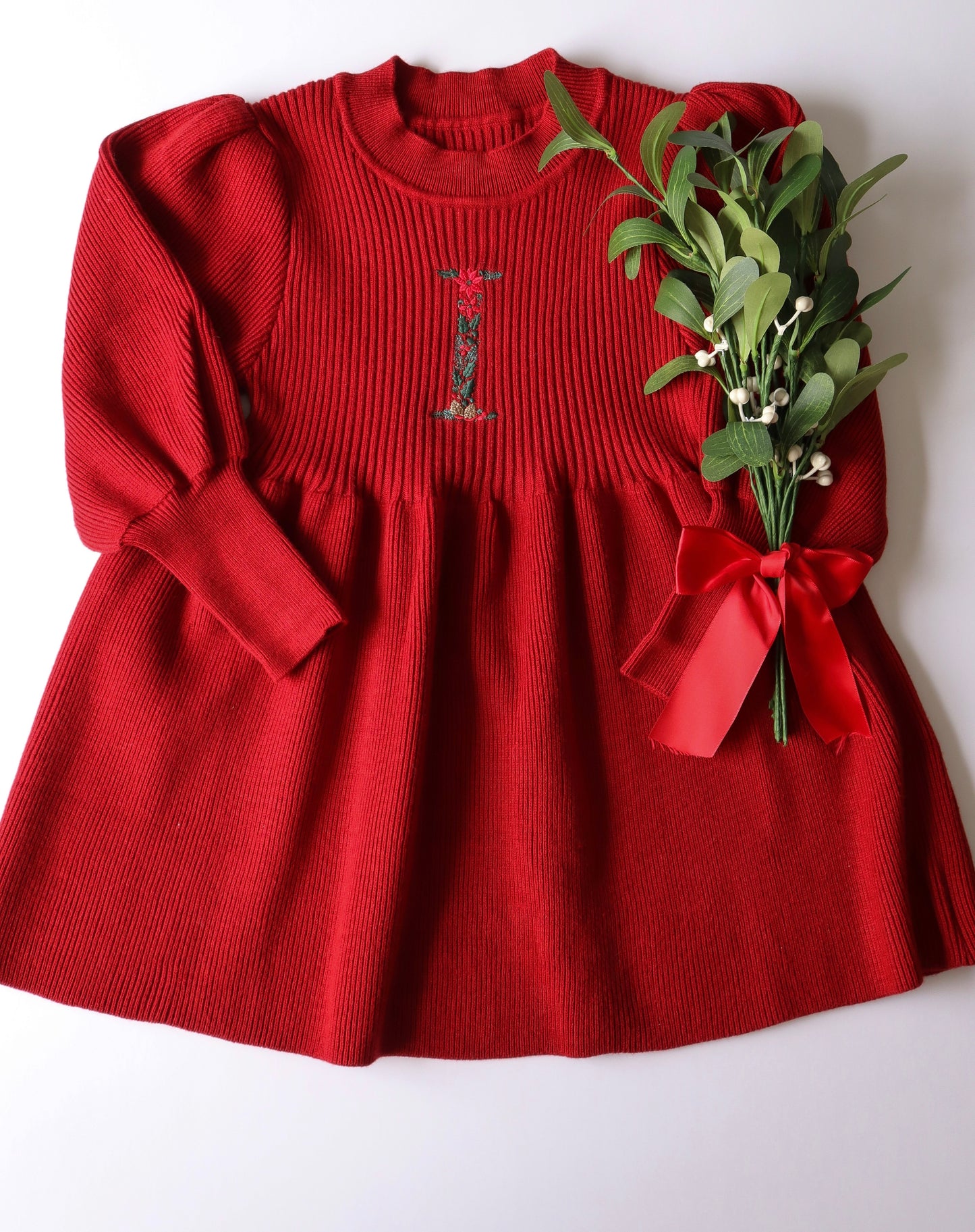 Knit Childrens white dress featuring a christmas floral initial