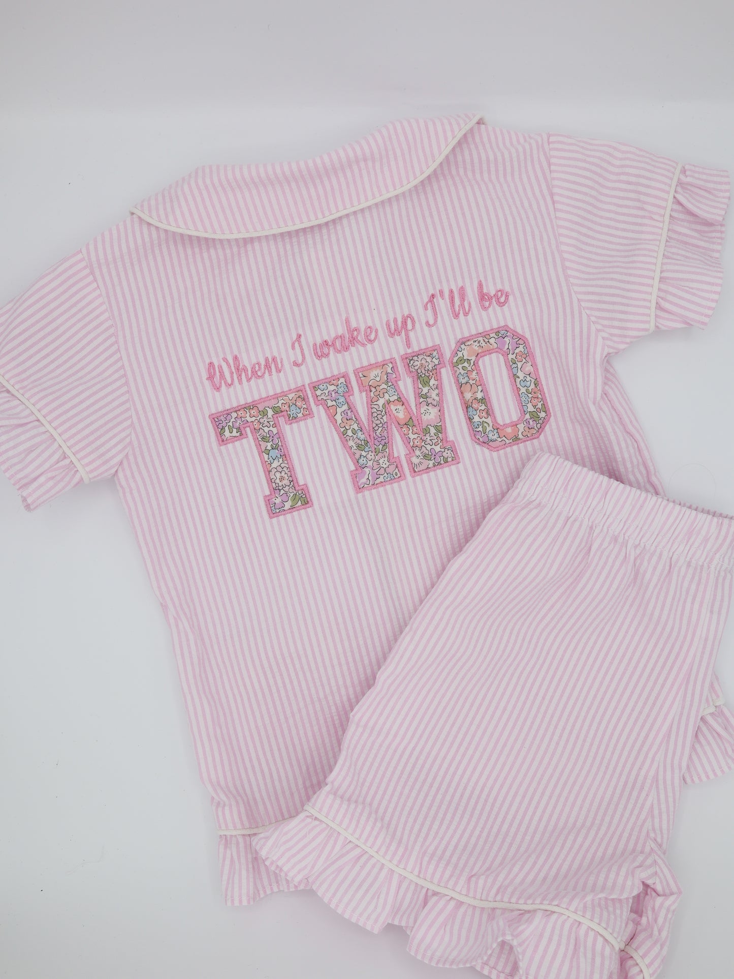 Pink striped liberty of london fabric applique when I wake up Pjs