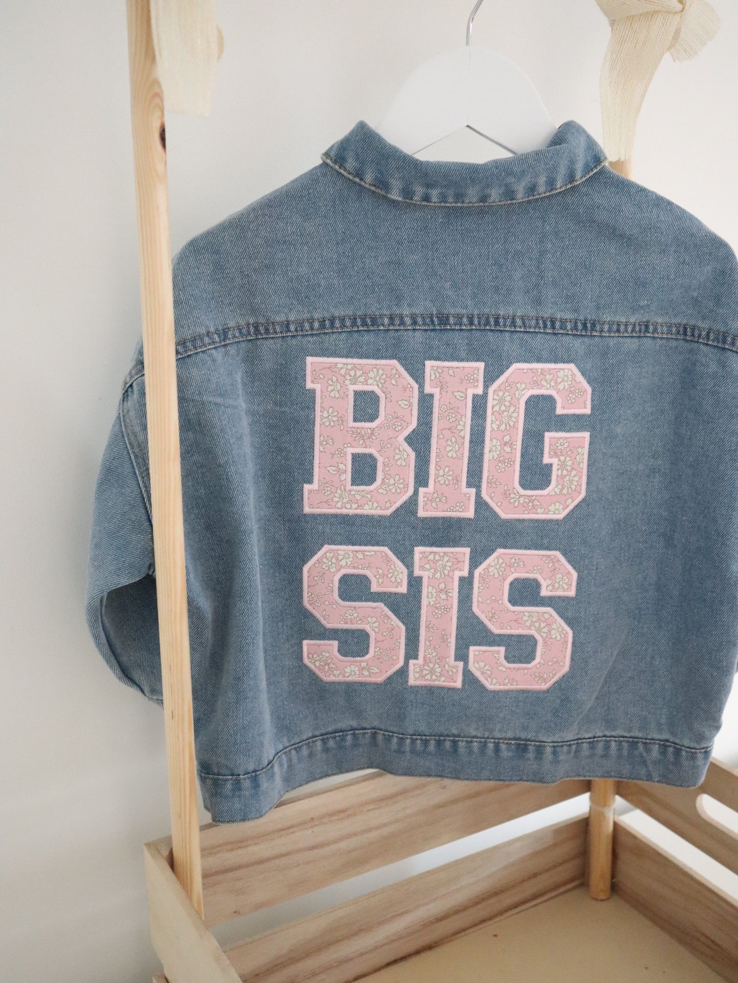 Kids Denim jacket with the words Big Sis on embroidered with liberty fabric
