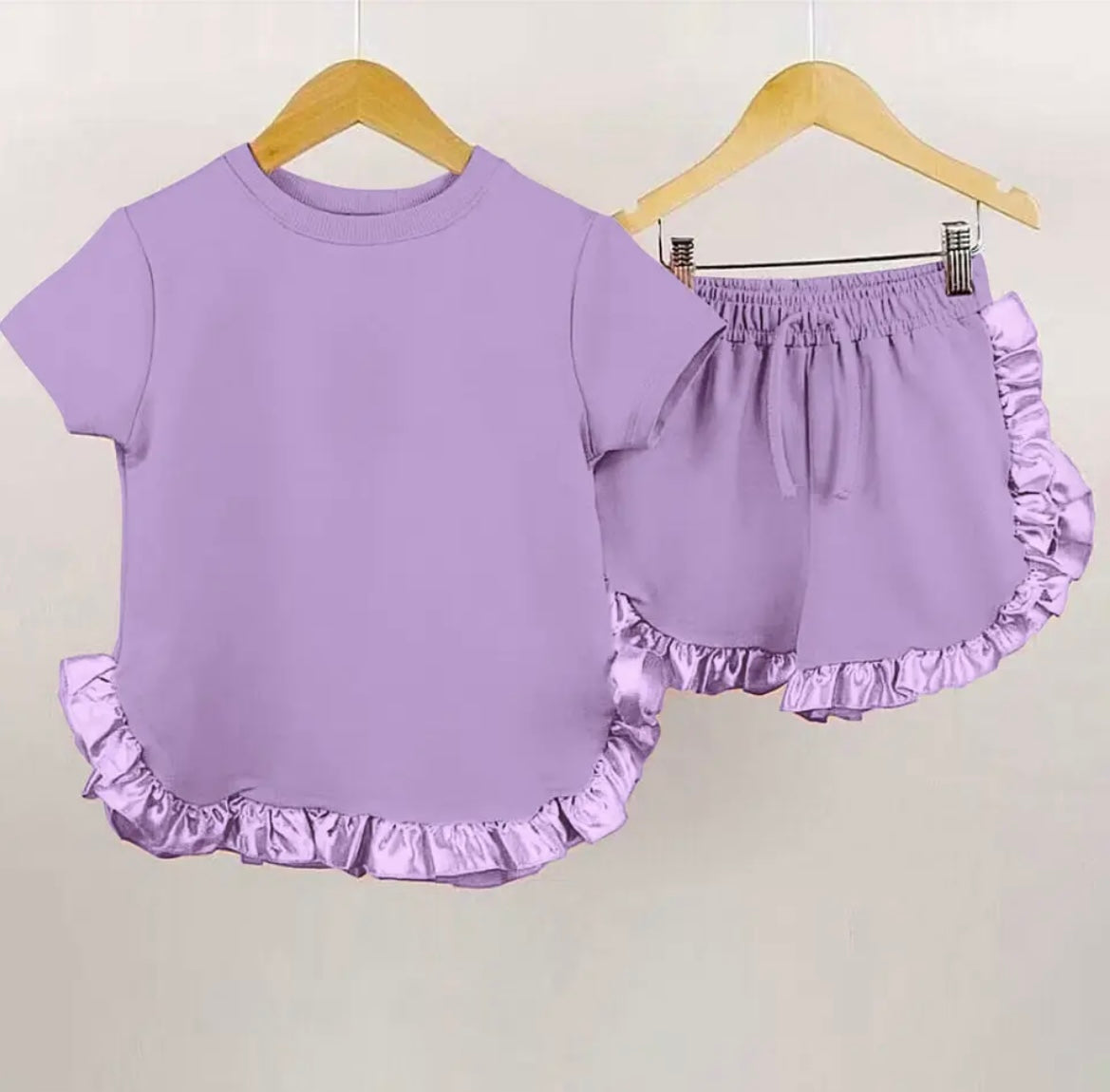 Purple Satin and cotton frill short sets for girl with personalised embroidery