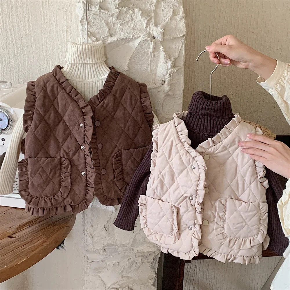 Girls beige frill personalised embroidered gilet