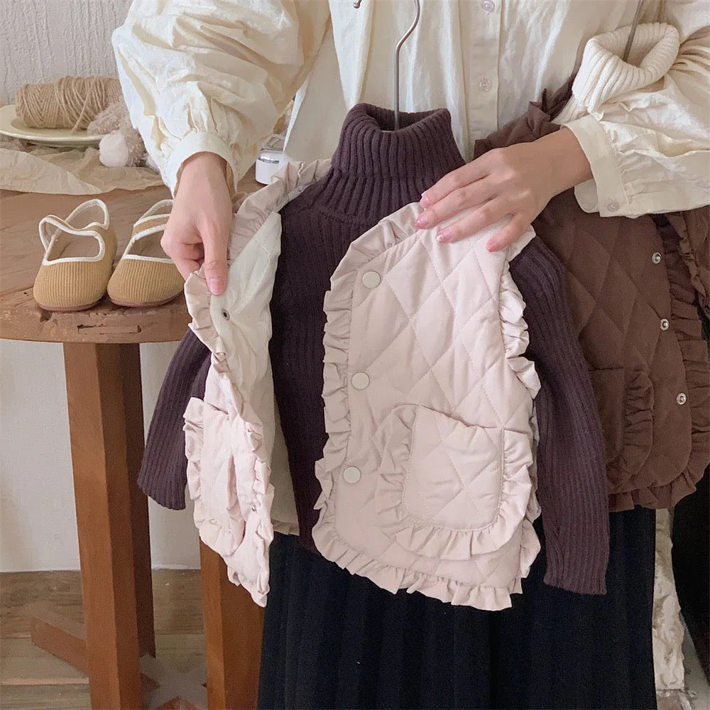 Girls beige frill personalised embroidered gilet