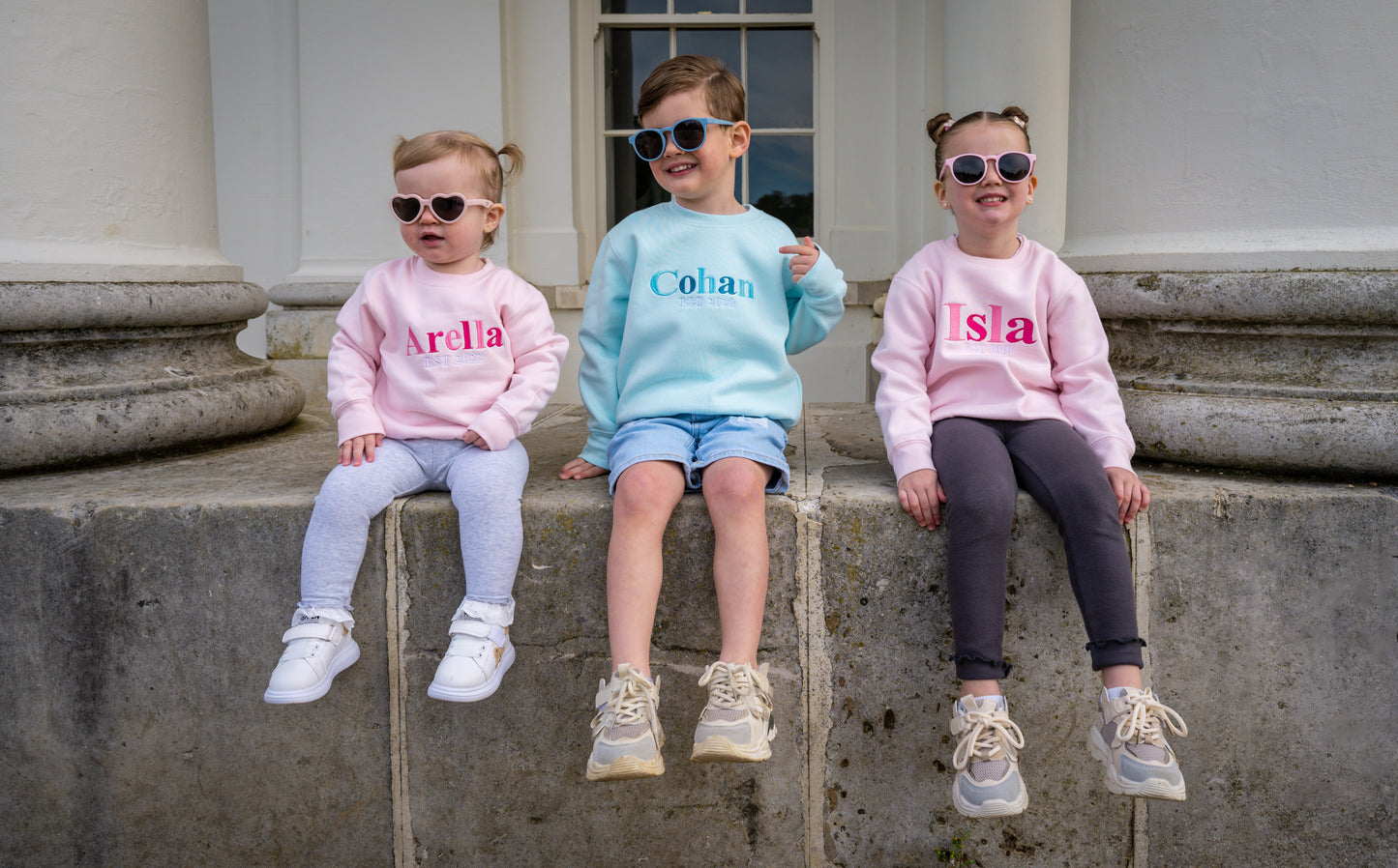 EST in year, Kids personalised embroidered sweaters featuring their birth year as Est in