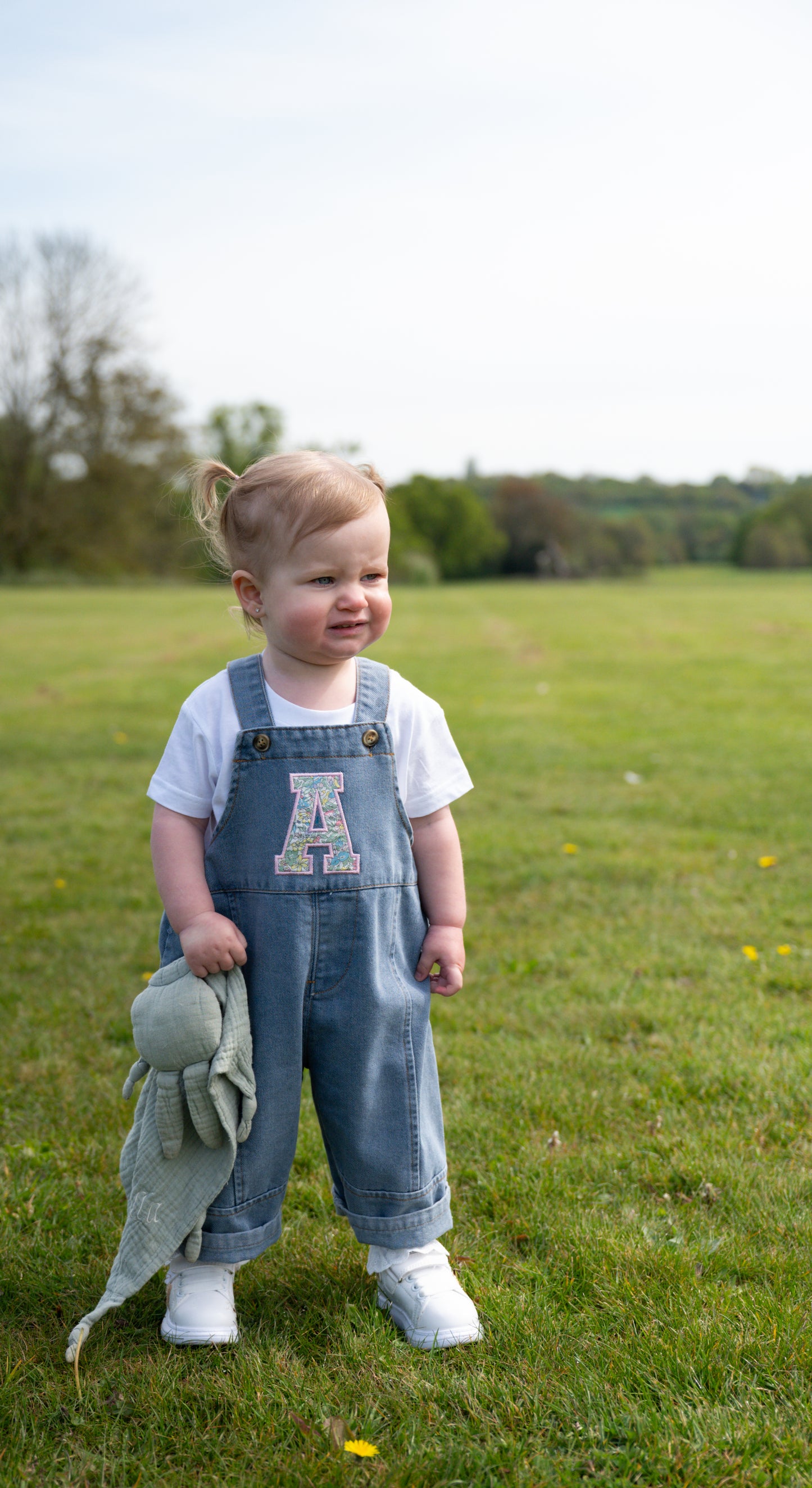 Applique embroidered initial personalised oversized kids denim dungarees