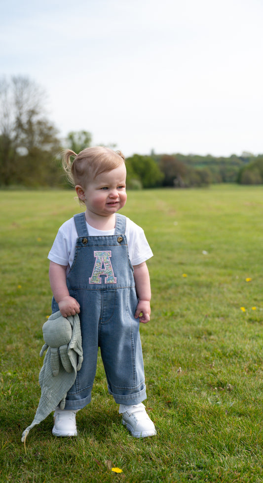 Applique embroidered initial personalised oversized kids denim dungarees