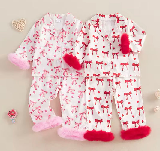 Pink and red Bow kids personalised pjs with feathered cuffs