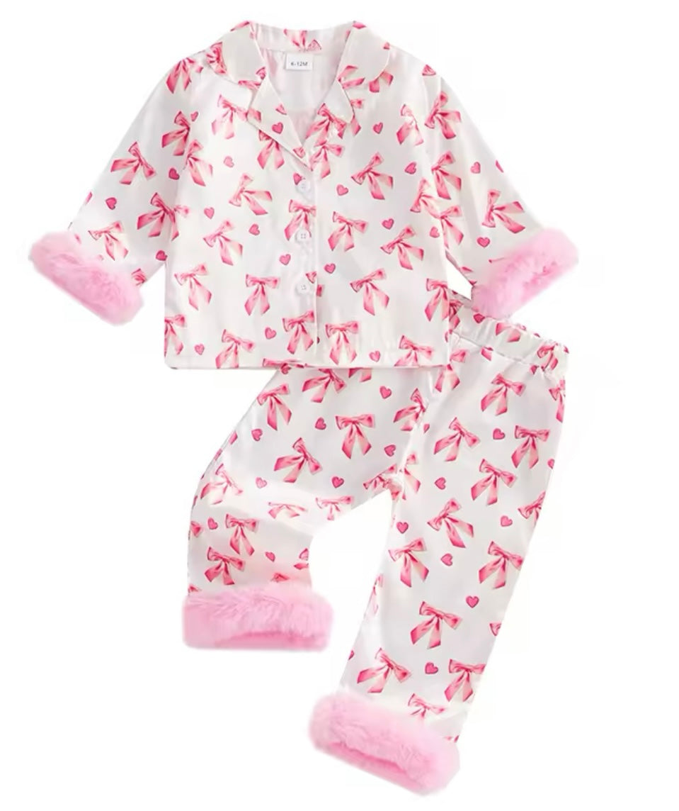 Pink Bow kids personalised pjs with feathered cuffs