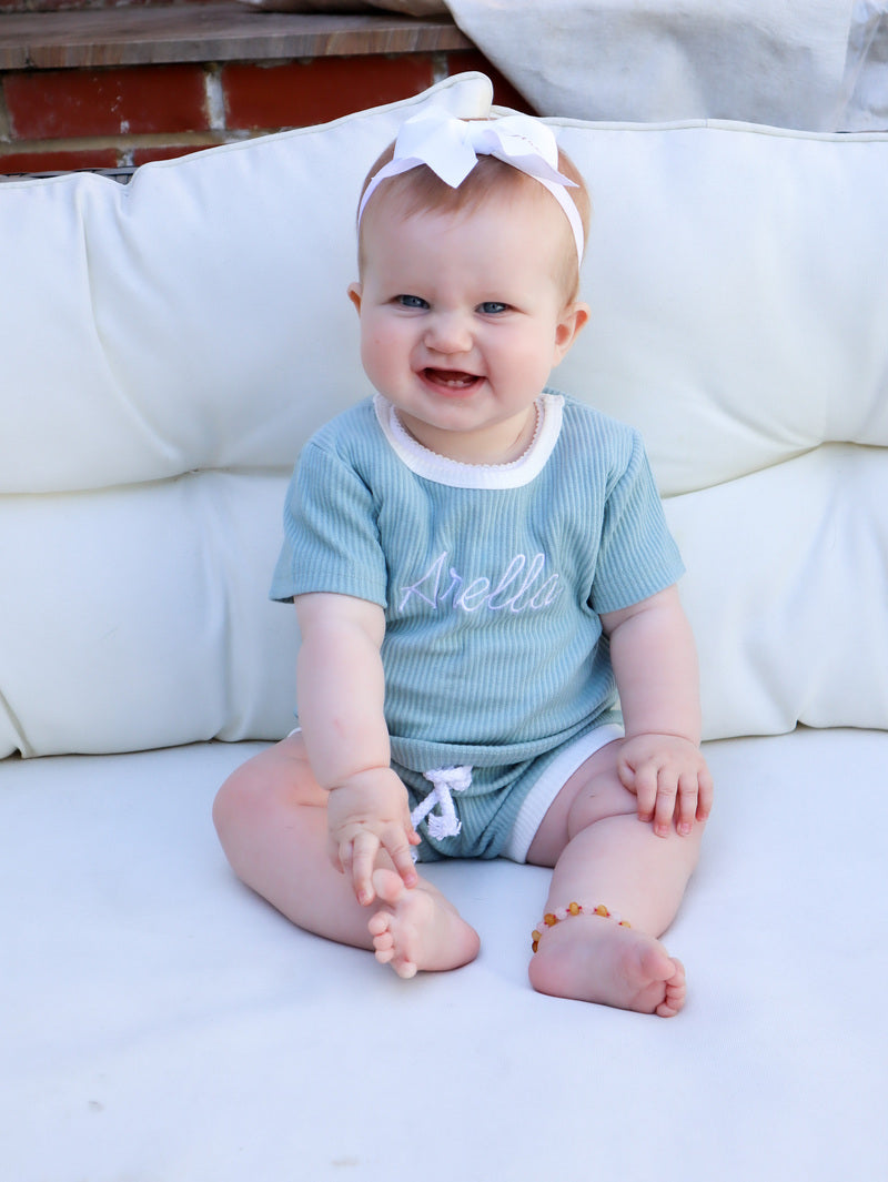 Personalised embroidered kids ribbed shorts and tshirt set in blue