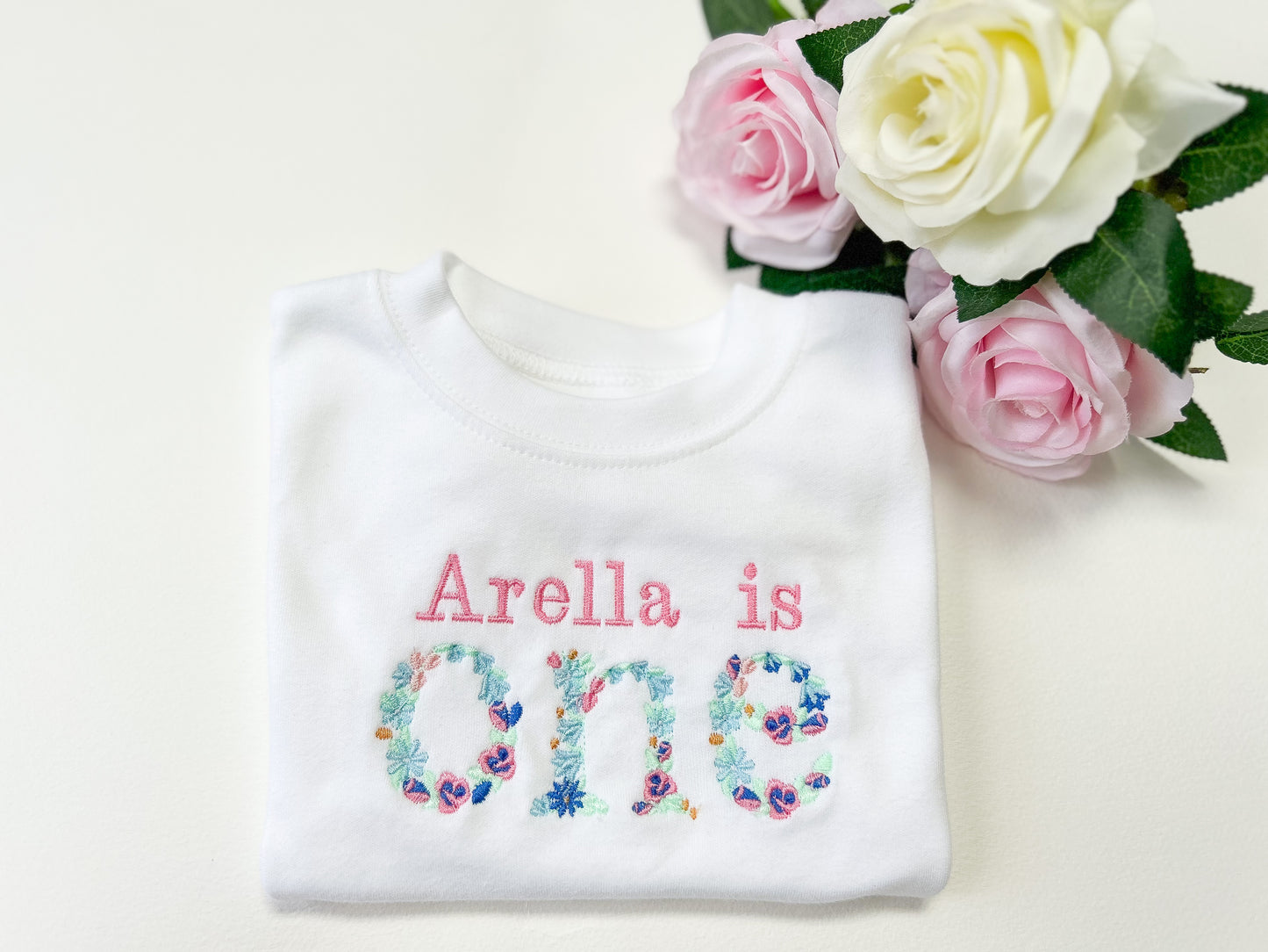 Floral embroidered personalised birthday kids tshirt