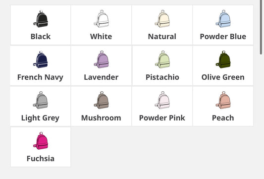 Color swatches of backpacks in various colors on a white backgroundm
