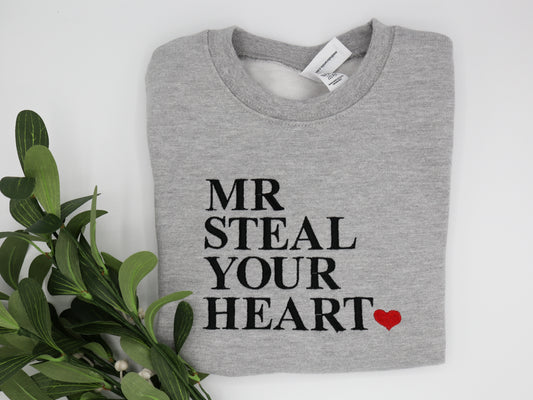 Grey sweater with embroidery Mr Steal your heart and loveheart