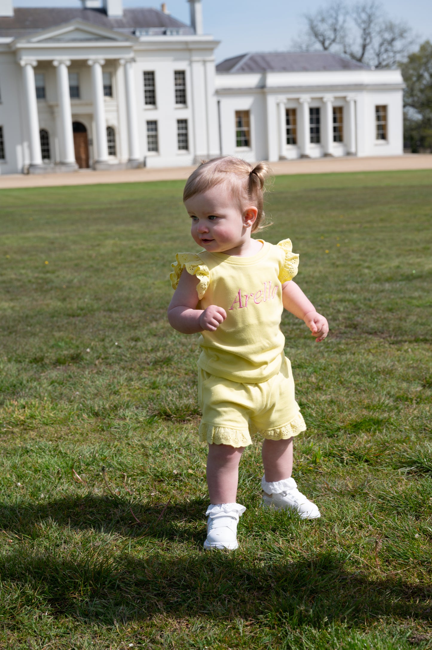 Embroidered personalised kids summer shorts and tshirt frill sets