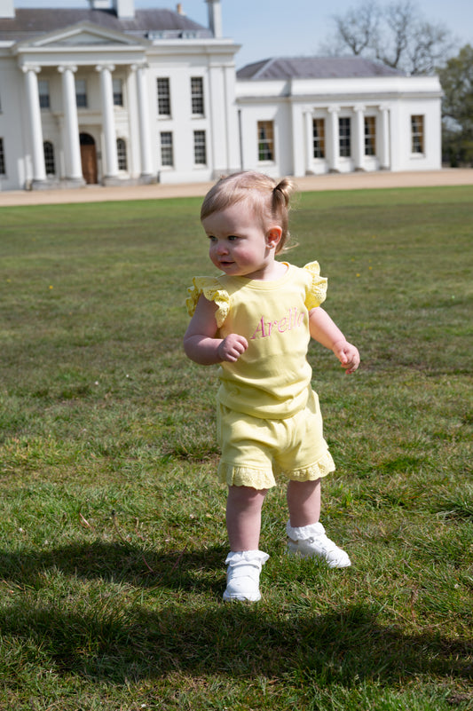 Embroidered personalised kids summer shorts and tshirt frill sets