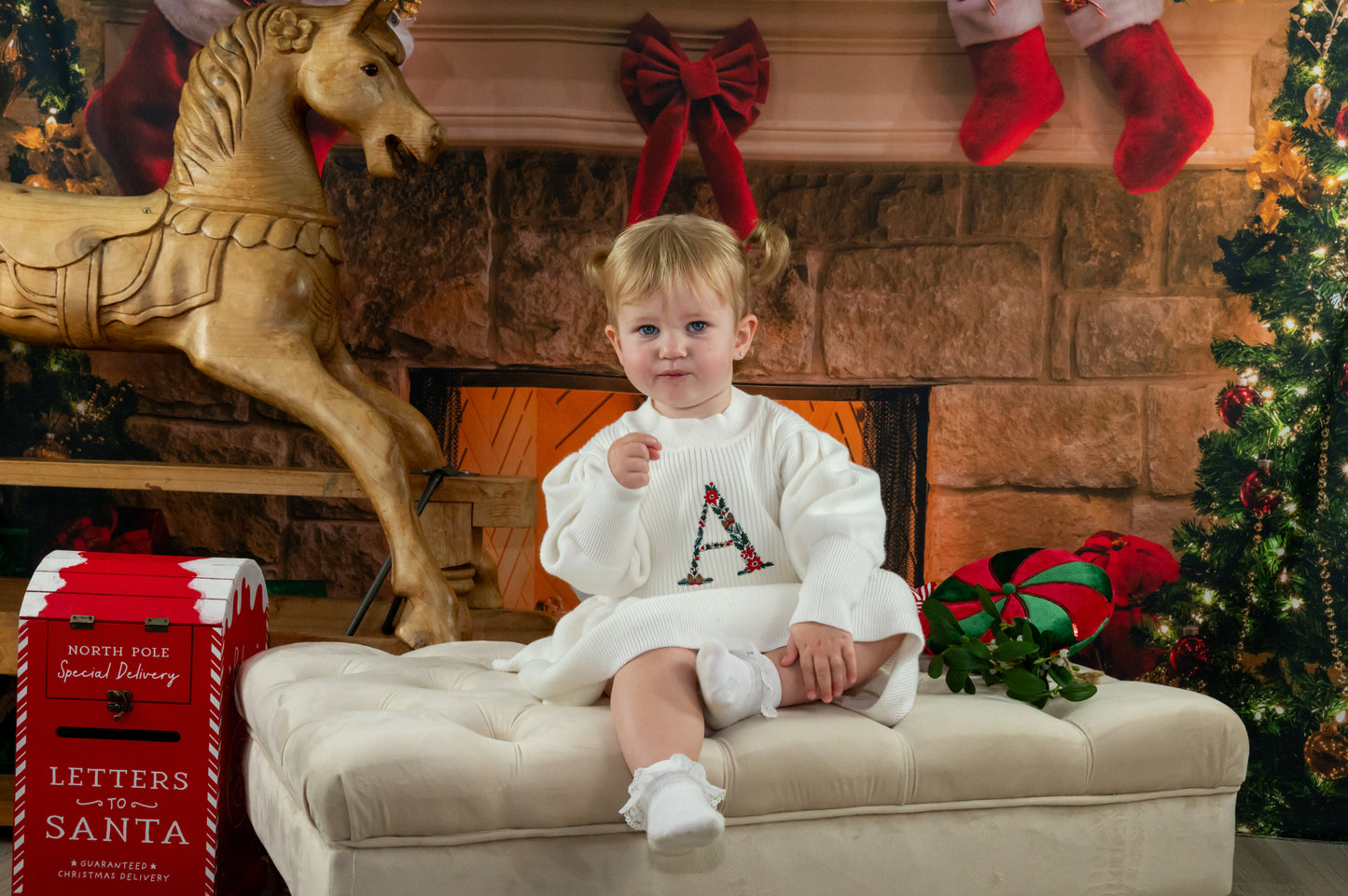 Knit Childrens white dress featuring a christmas floral initial