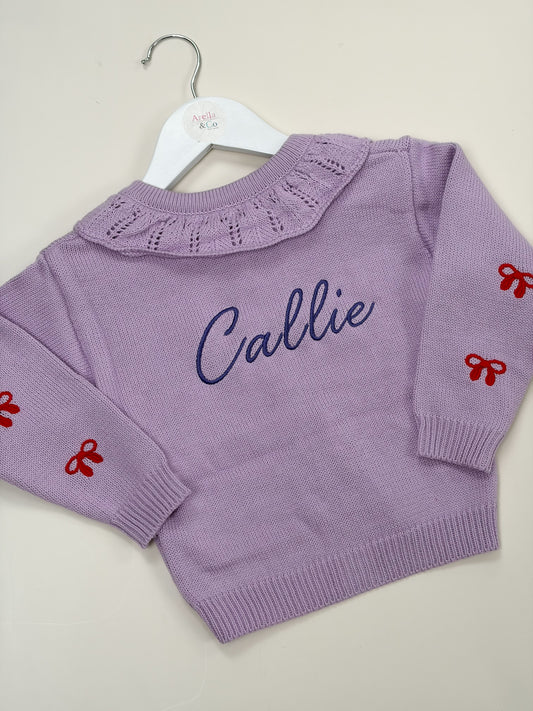Lilac embroidered cardigan with embroidered name with red bows