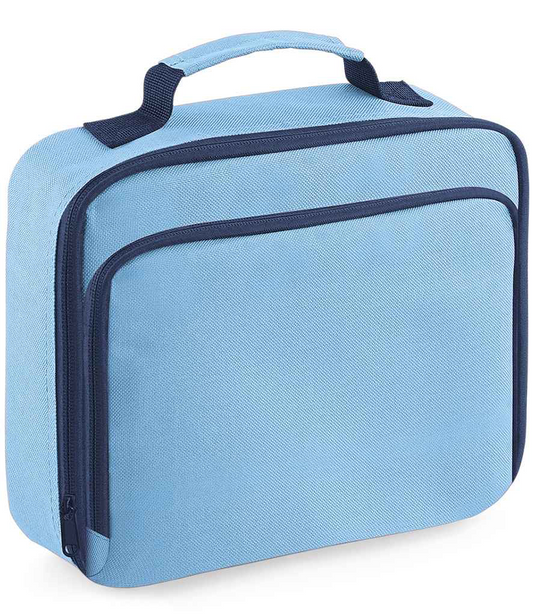 Light blue lunch bag with navy accents on a white background
