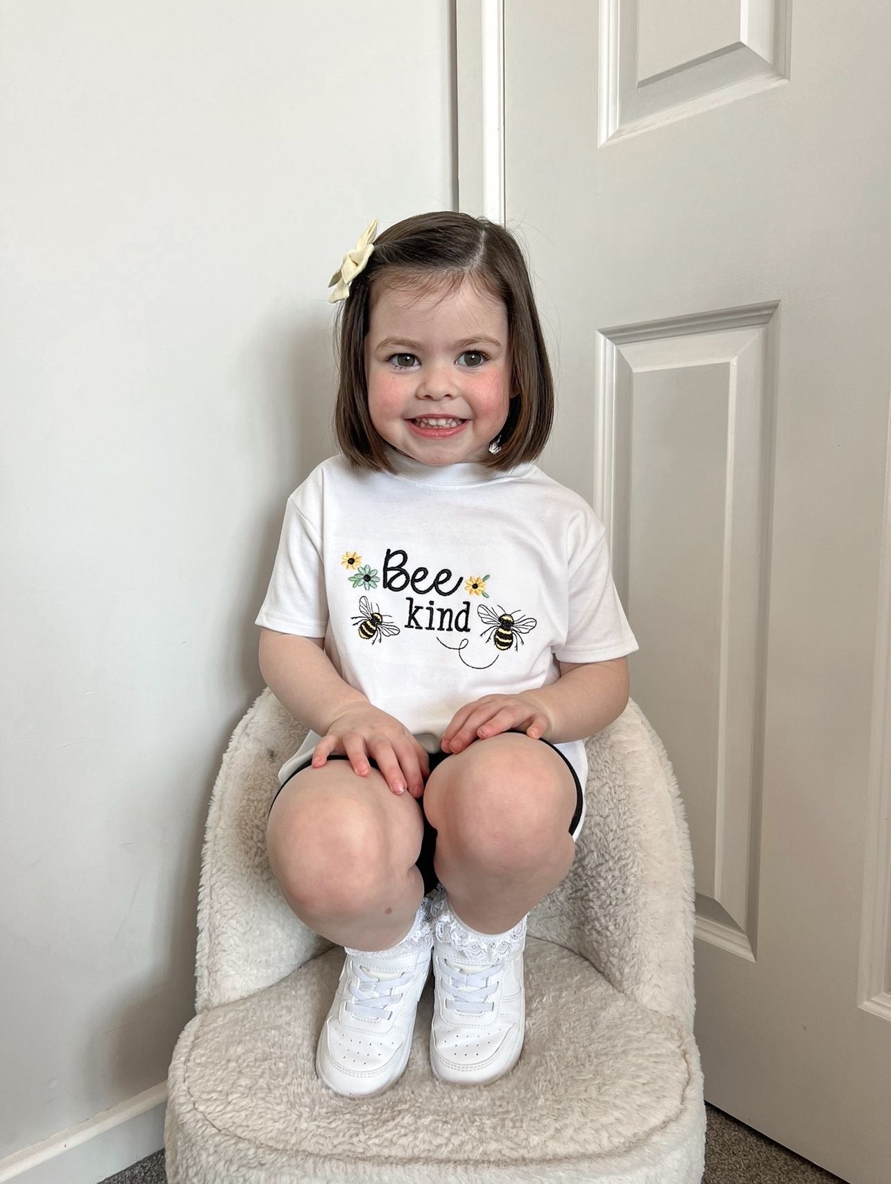 Bee Happy embroidered quote tshirt for kids