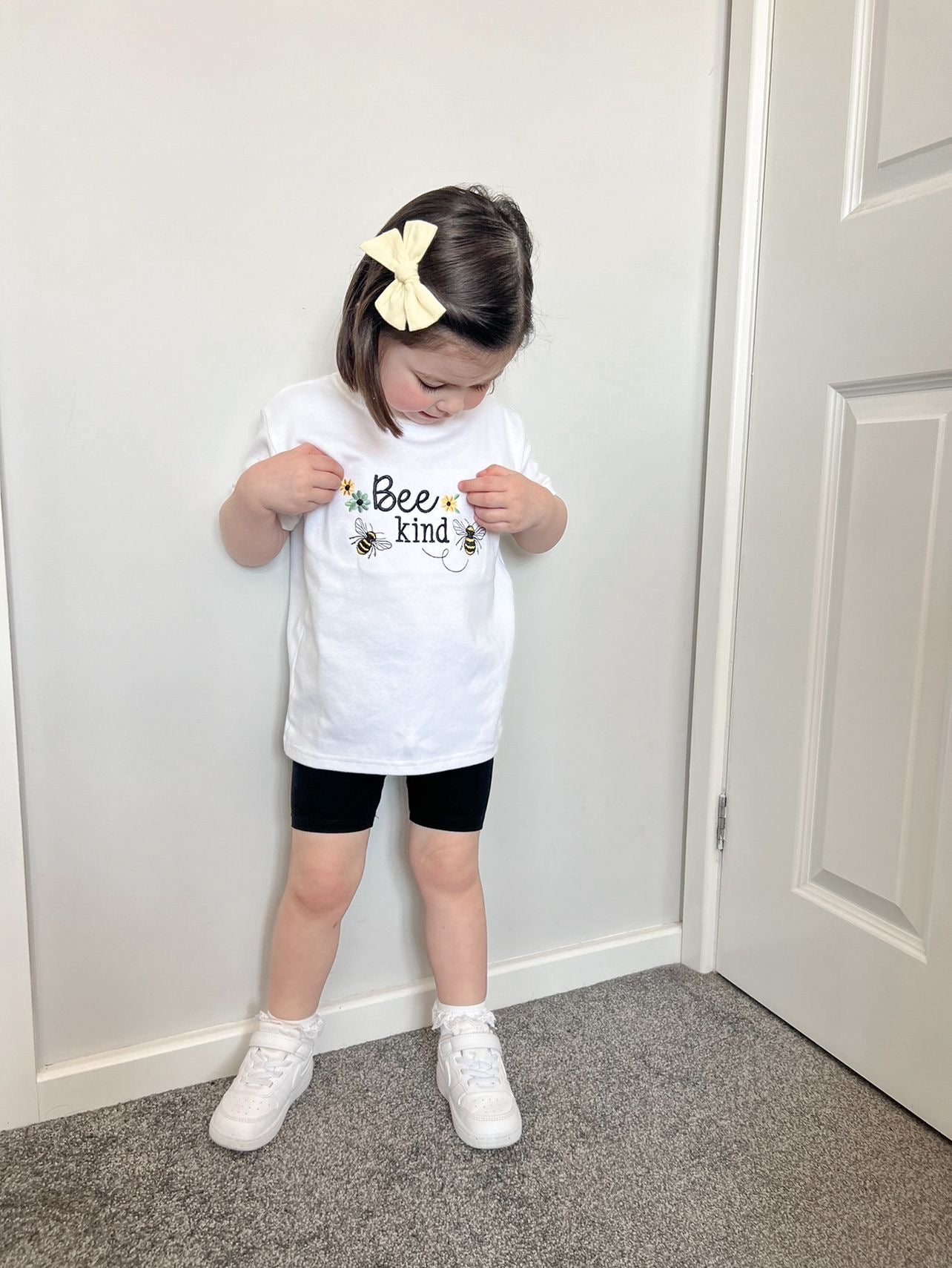 Bee Happy embroidered quote tshirt for kids
