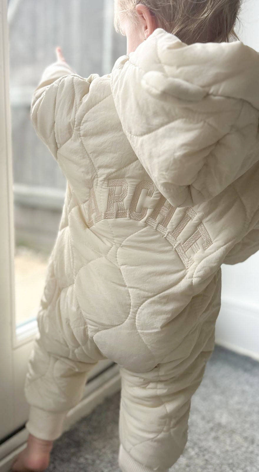 Personalised embroidered kids beige snowsuit