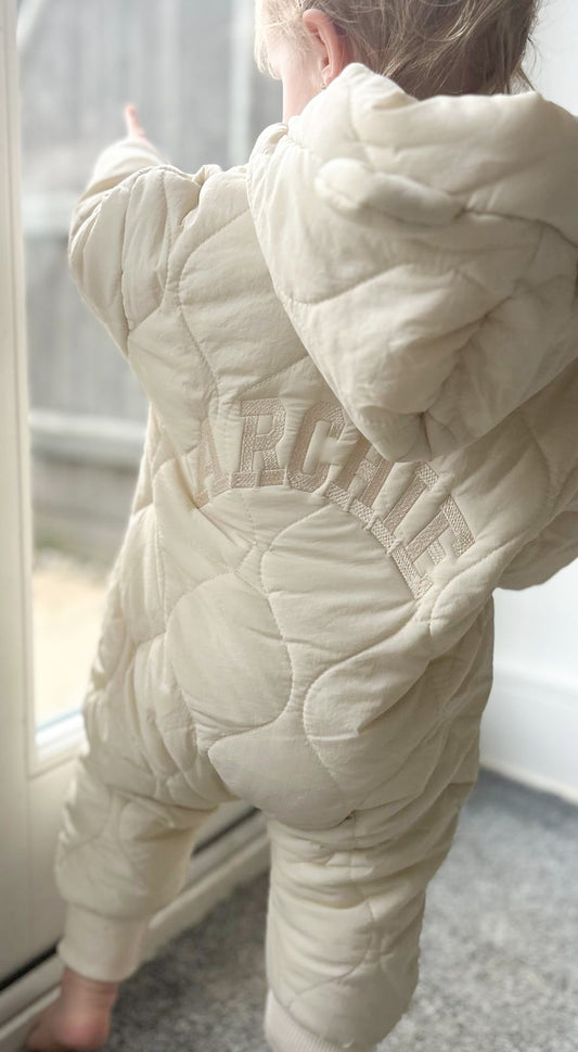 Personalised embroidered kids beige snowsuit