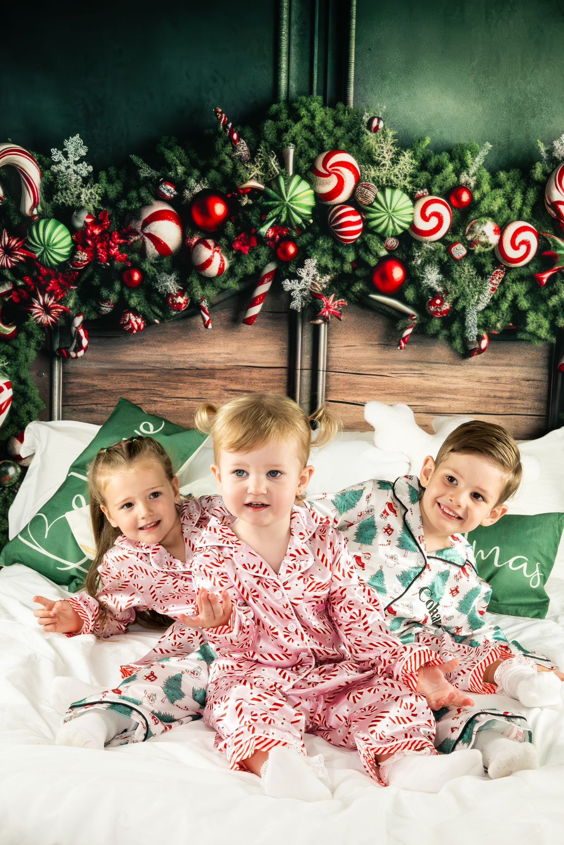 Christmas themed candy cane and santa personalised kids pjs