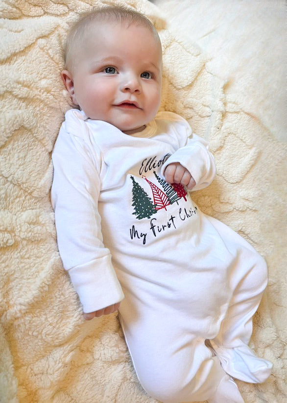 Baby Rompersuit sleepsuit, personalised with babies name, christmas tree design and my first christmas