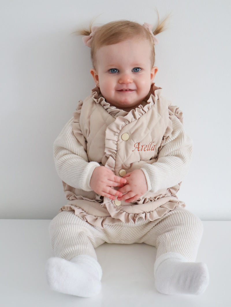 Girls beige frill personalised embroidered gilet 