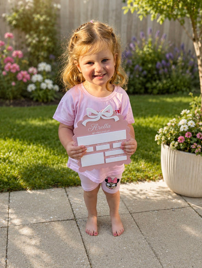 A girl holiding a personalised acrylic sign for back to school memories 