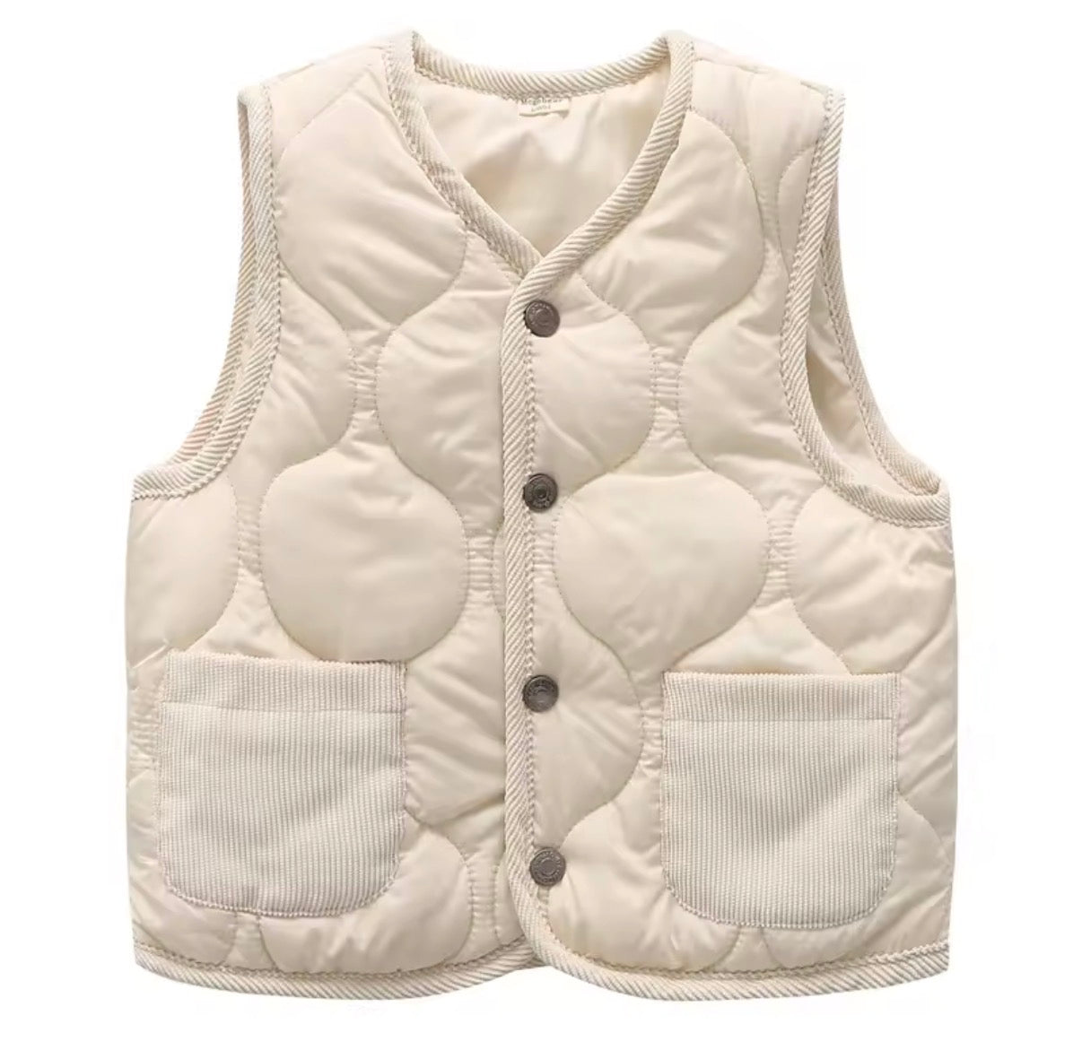 Beige quilted vest with buttons on a white background