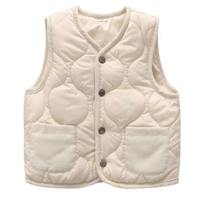 Beige quilted vest with buttons on a white background