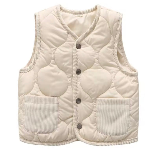 Beige quilted vest with buttons on a white background