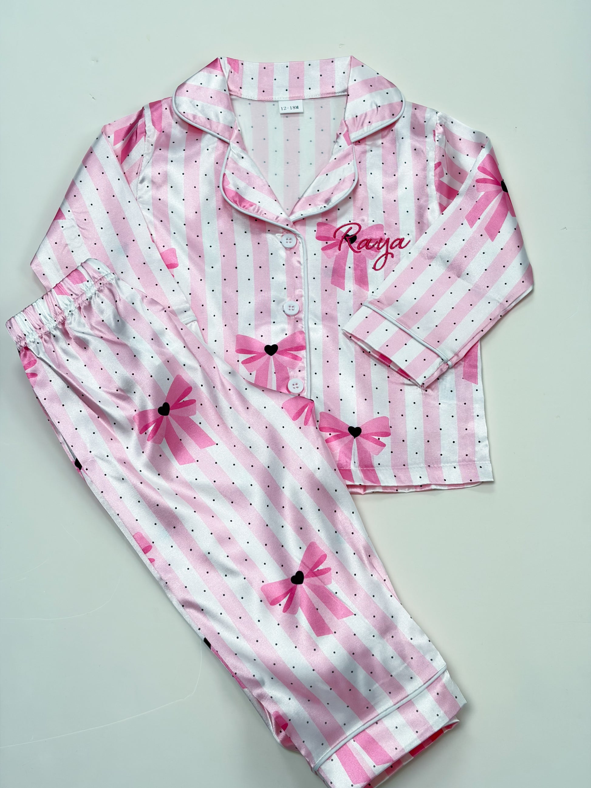 Pink bow heart satin pjs personalised with pink embroidery