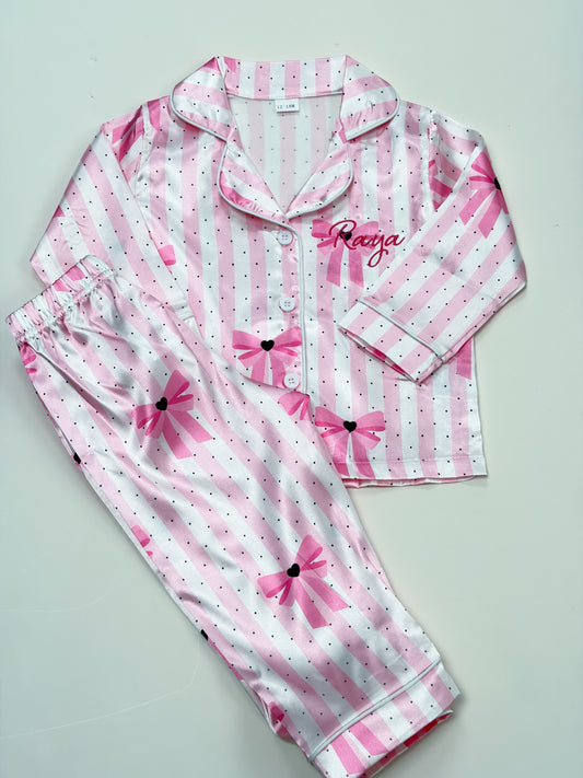 Pink bow heart satin pjs personalised with pink embroidery