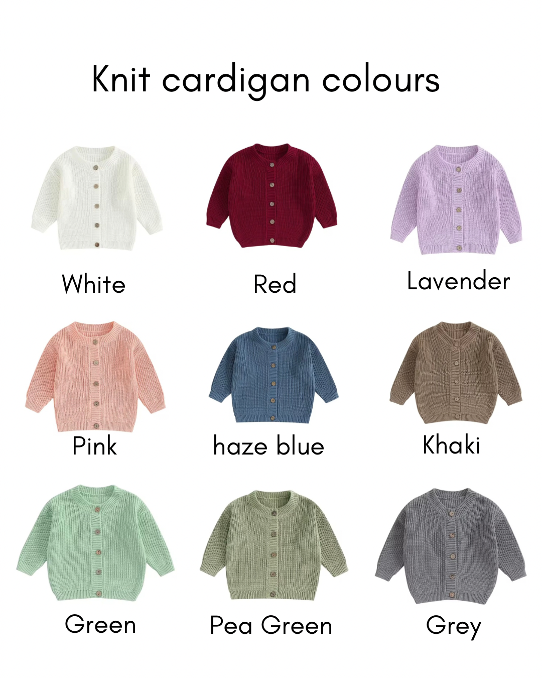 Knit cardigan color options including white, red, lavender, pink, haze blue, khaki, green, pea green, and grey.