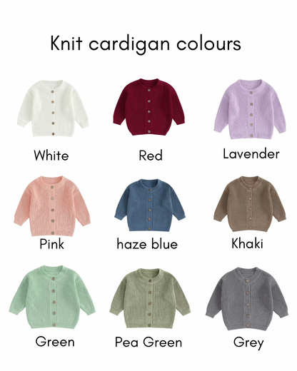 Knit cardigan color options including white, red, lavender, pink, haze blue, khaki, green, pea green, and grey.
