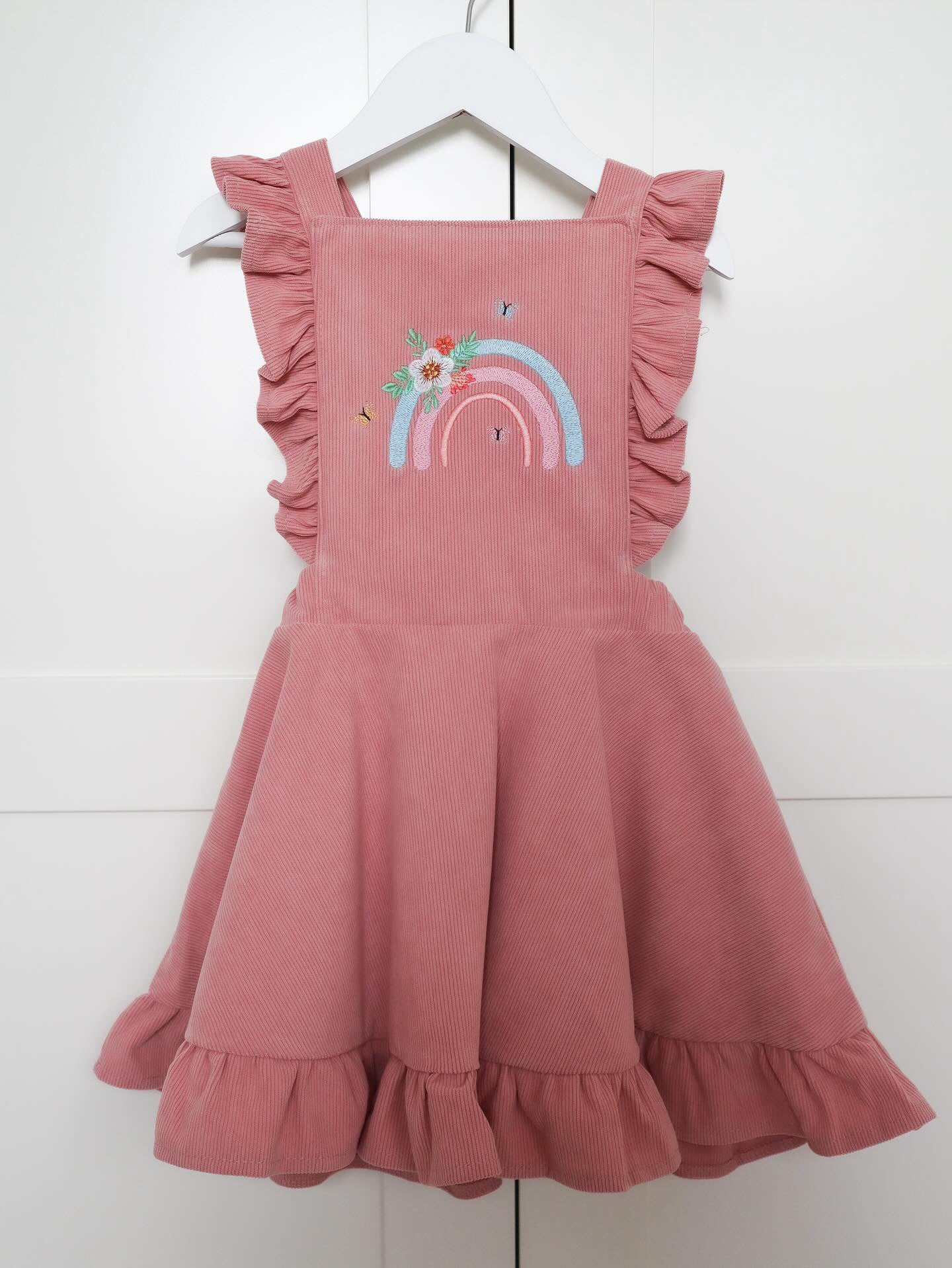 Boho rainbow themed embroidered ribbed bow dress for girls 