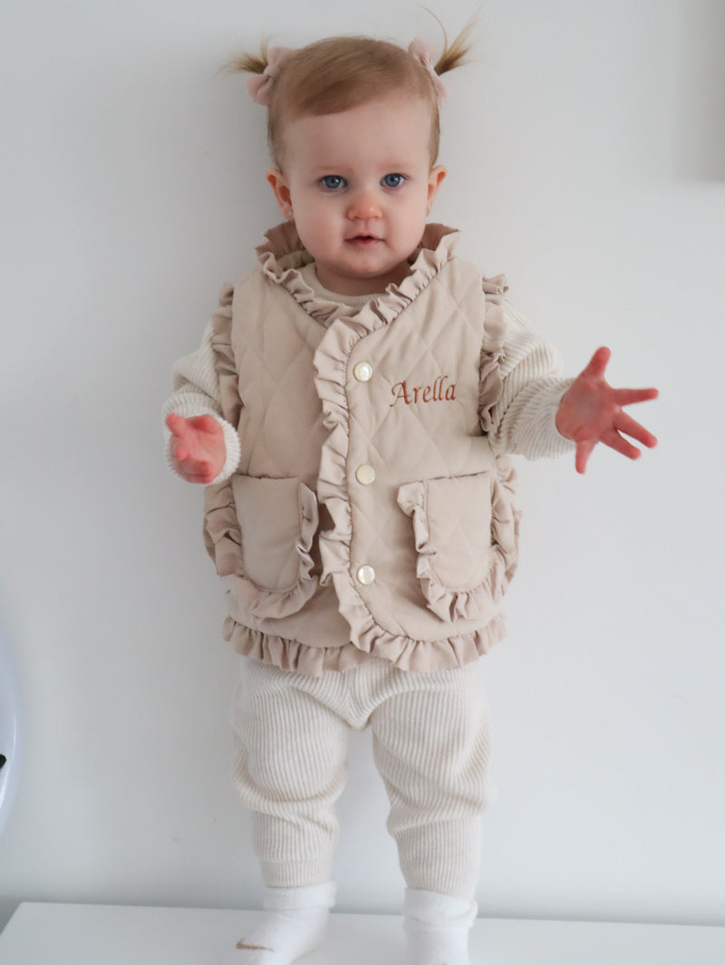 Girls beige frill personalised embroidered gilet 